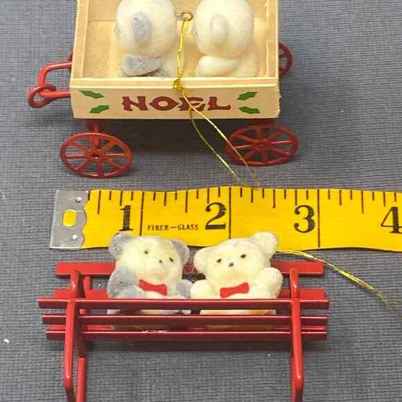 VTG Avon Flocked Christmas Ornaments Teddies in Wagon Teddy Bear on Bench NOEL - Picture 10 of 12